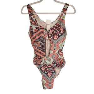 EMME JORDAN Swimsuit One Piece Multicolor Floral Cut Out Front Belt